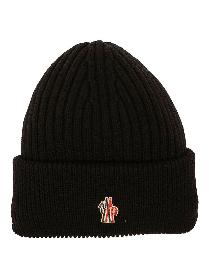 Black Ribbed Beanie with Logo Patch in Wool Man