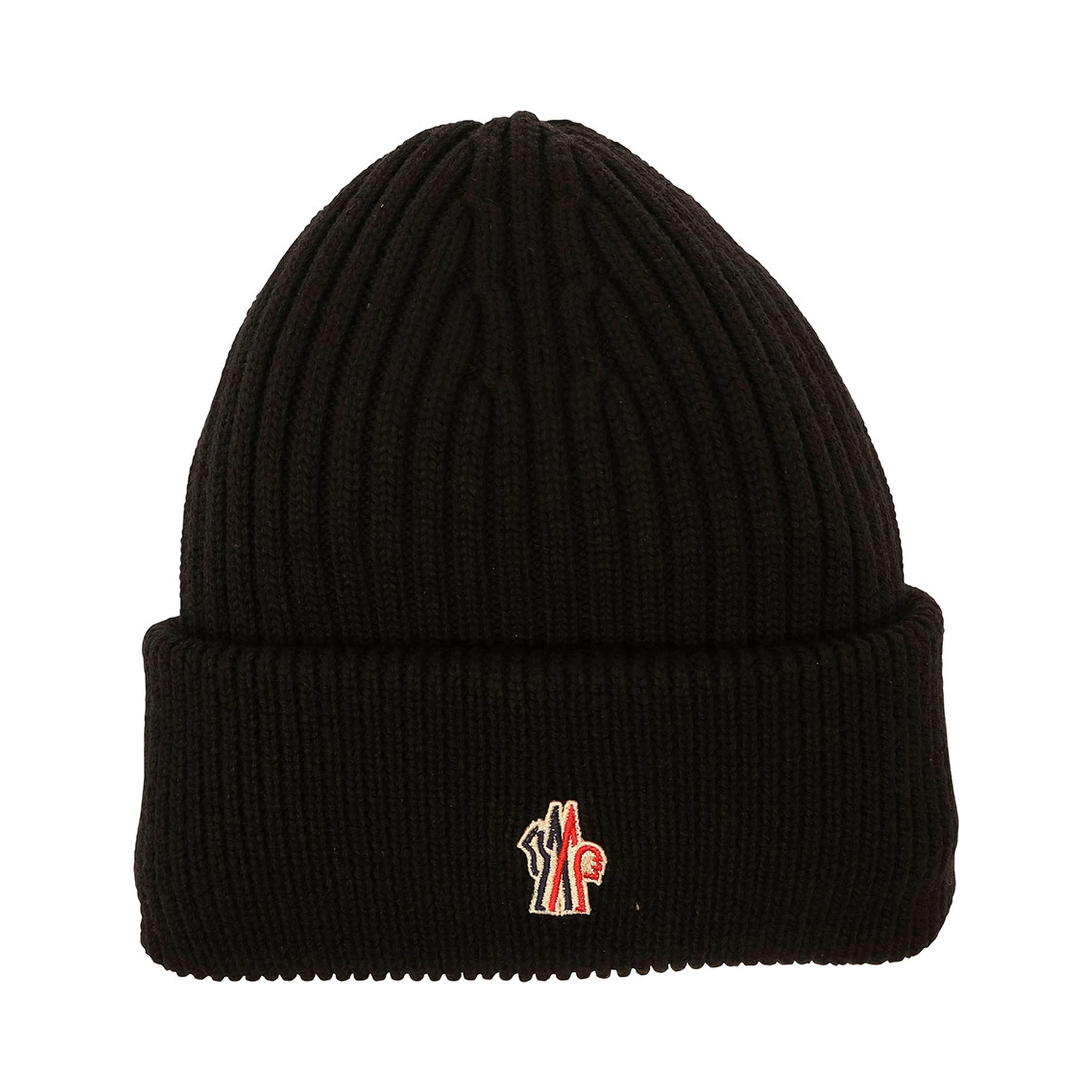 Black Ribbed Beanie with Logo Patch in Wool Man