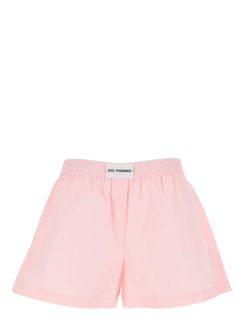 Pink Shorts with Elastic Waist with Logo Patch in Cotton Woman