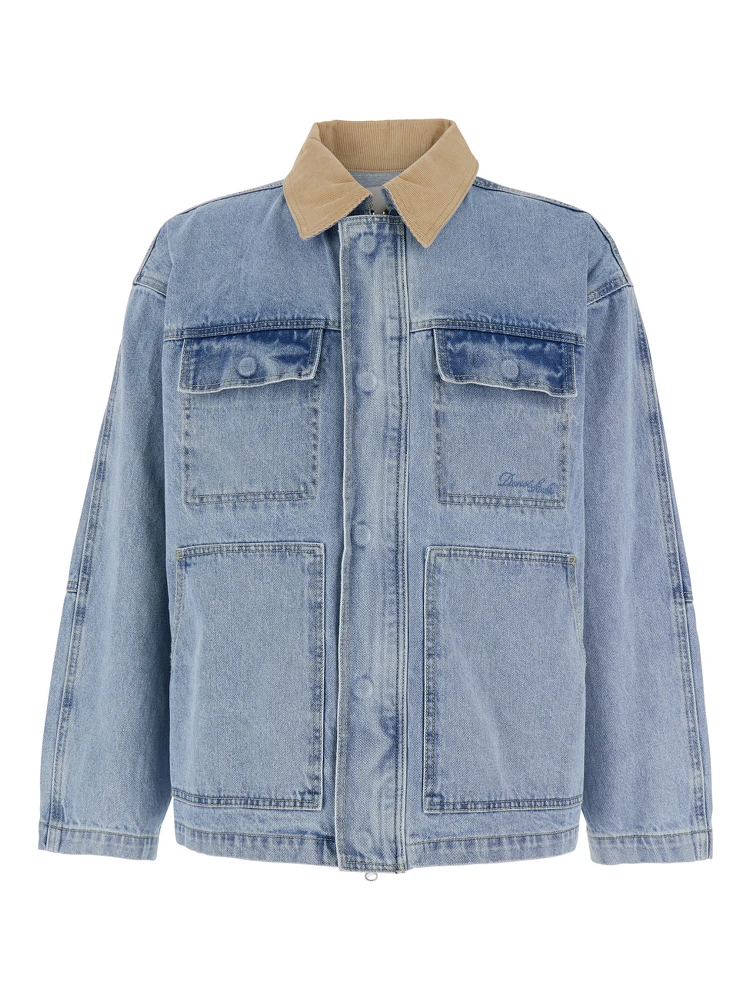 Light Blue Jacket with Contrast Collar and Patch Pockets on the Chest in Cotton Man