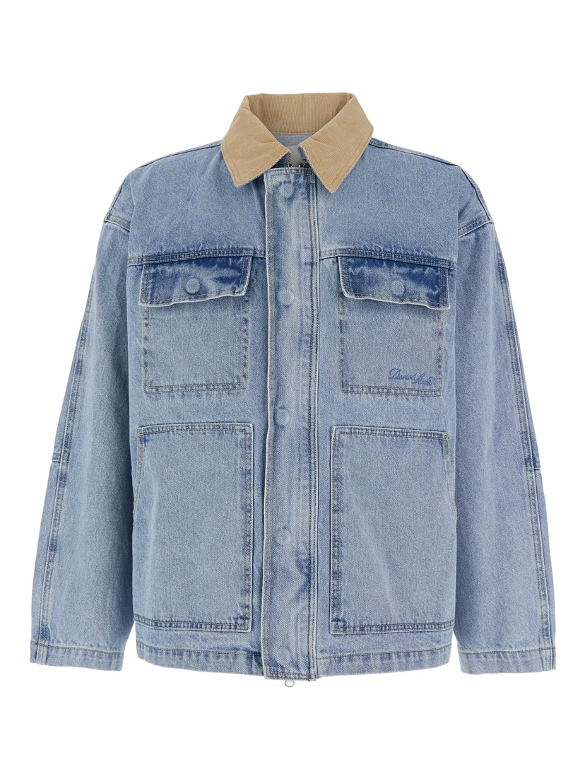 Light Blue Jacket with Contrast Collar and Patch Pockets on the Chest in Cotton Man