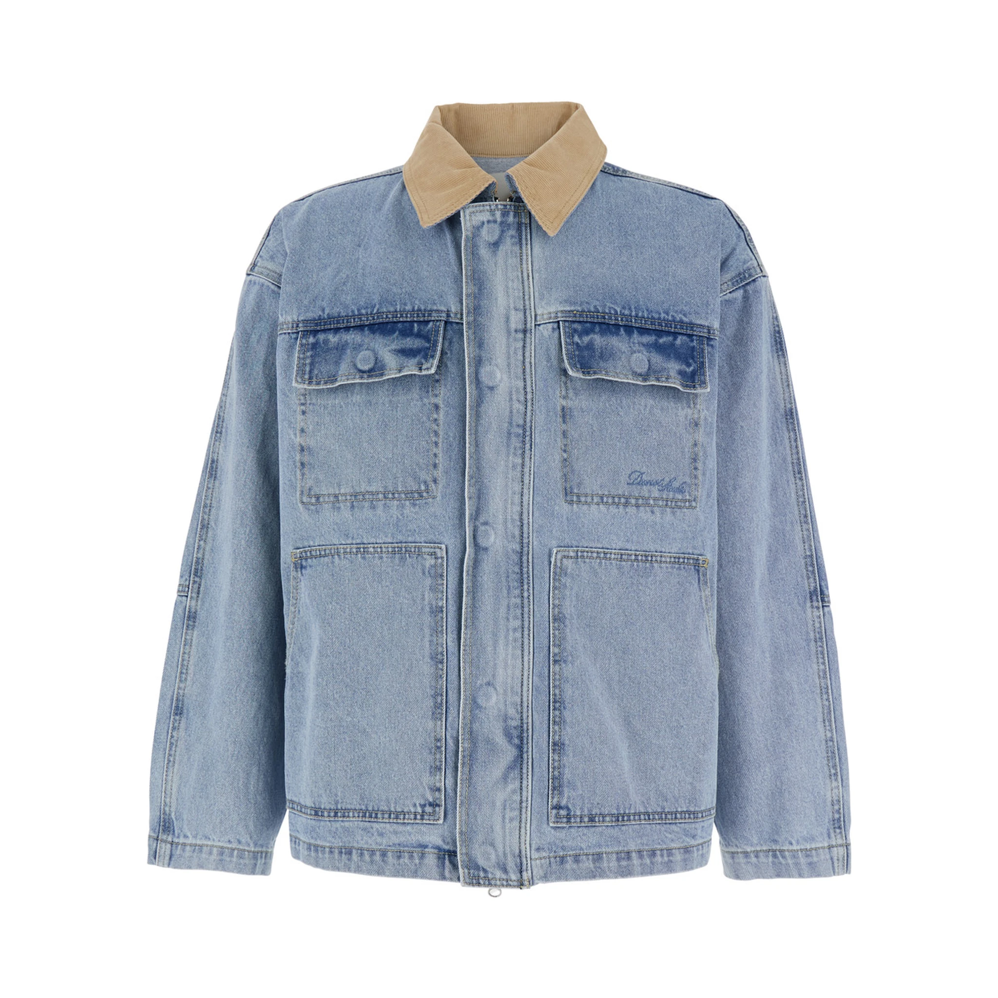 Light Blue Jacket with Contrast Collar and Patch Pockets on the Chest in Cotton Man