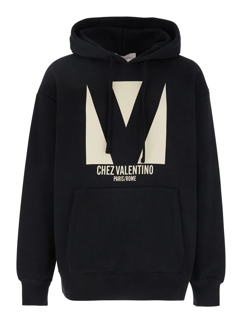 Chez Black Hoodie with Drawstring Hood and Maxi Logo Print on the Front in Cotton Man
