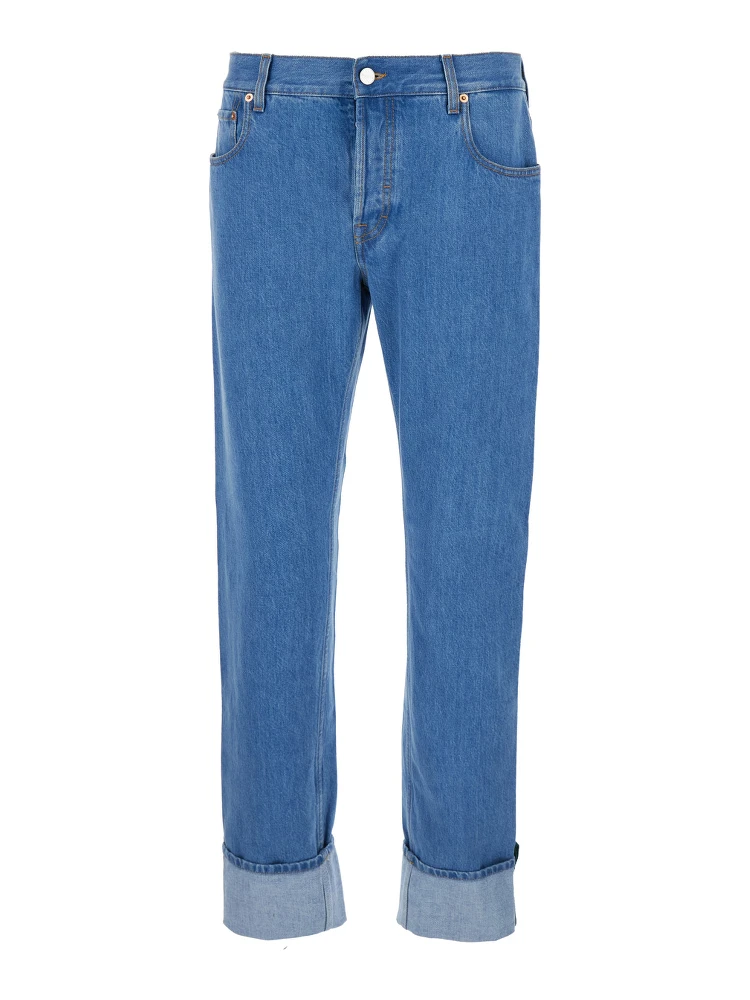Blue Jeans with Logo Patch on the Rear and Web Turn-Up Hem in Denim Man