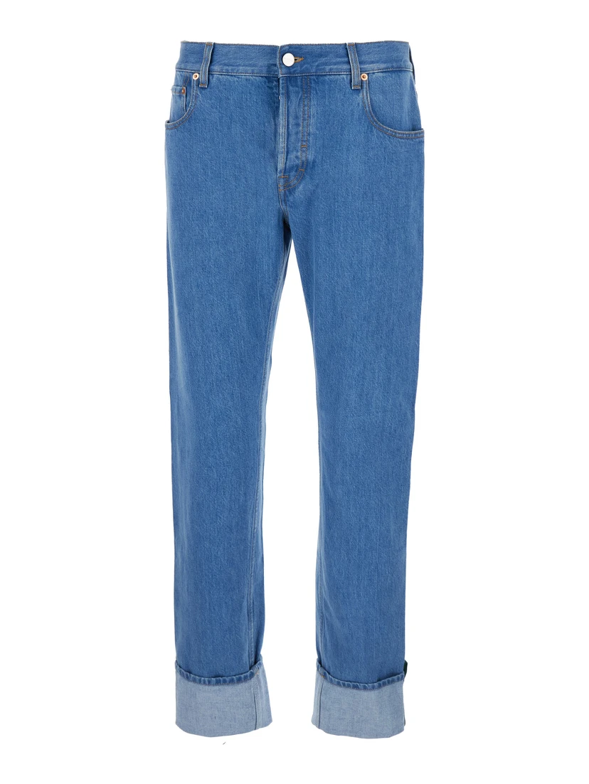 Blue Jeans with Logo Patch on the Rear and Web Turn-Up Hem in Denim Man