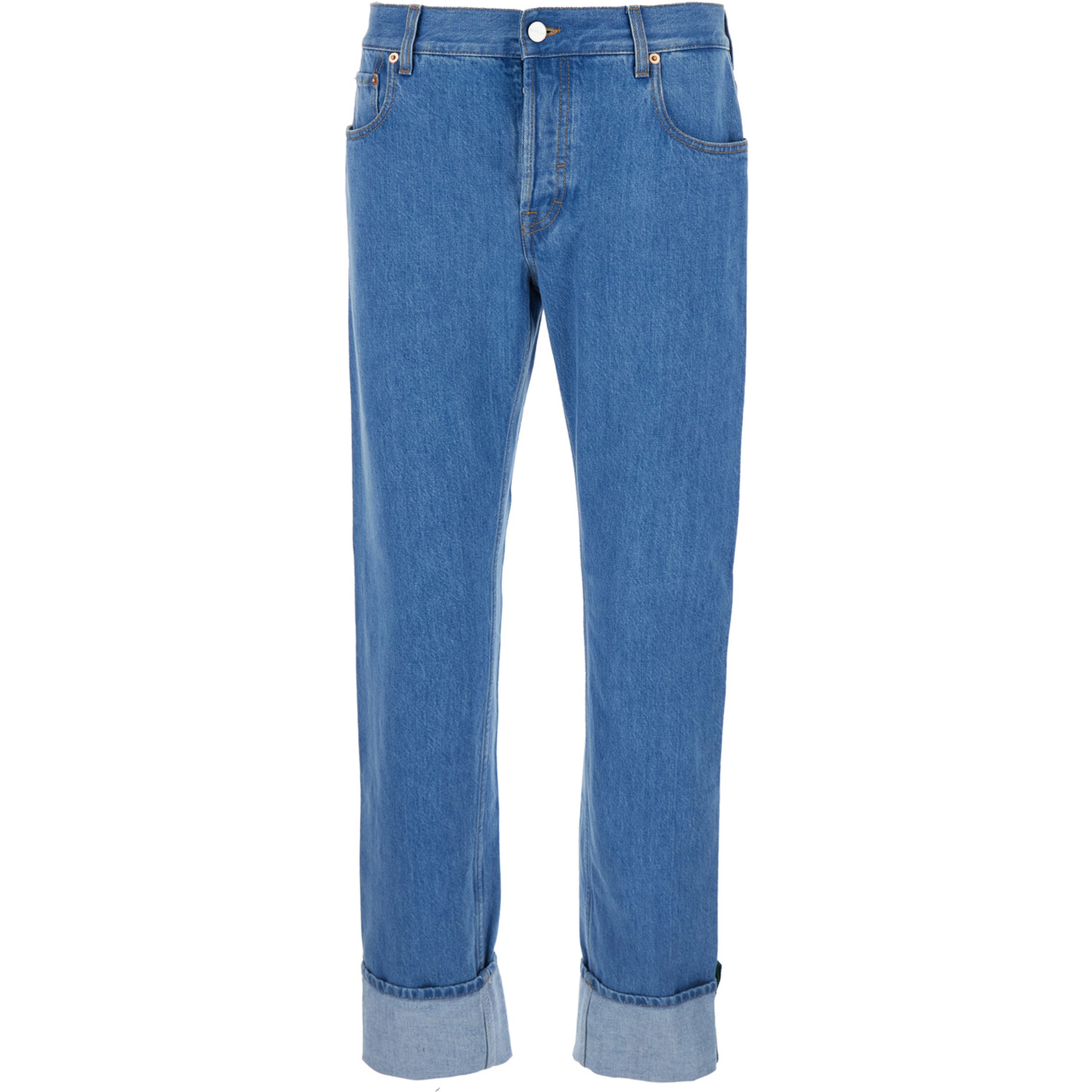 Blue Jeans with Logo Patch on the Rear and Web Turn-Up Hem in Denim Man