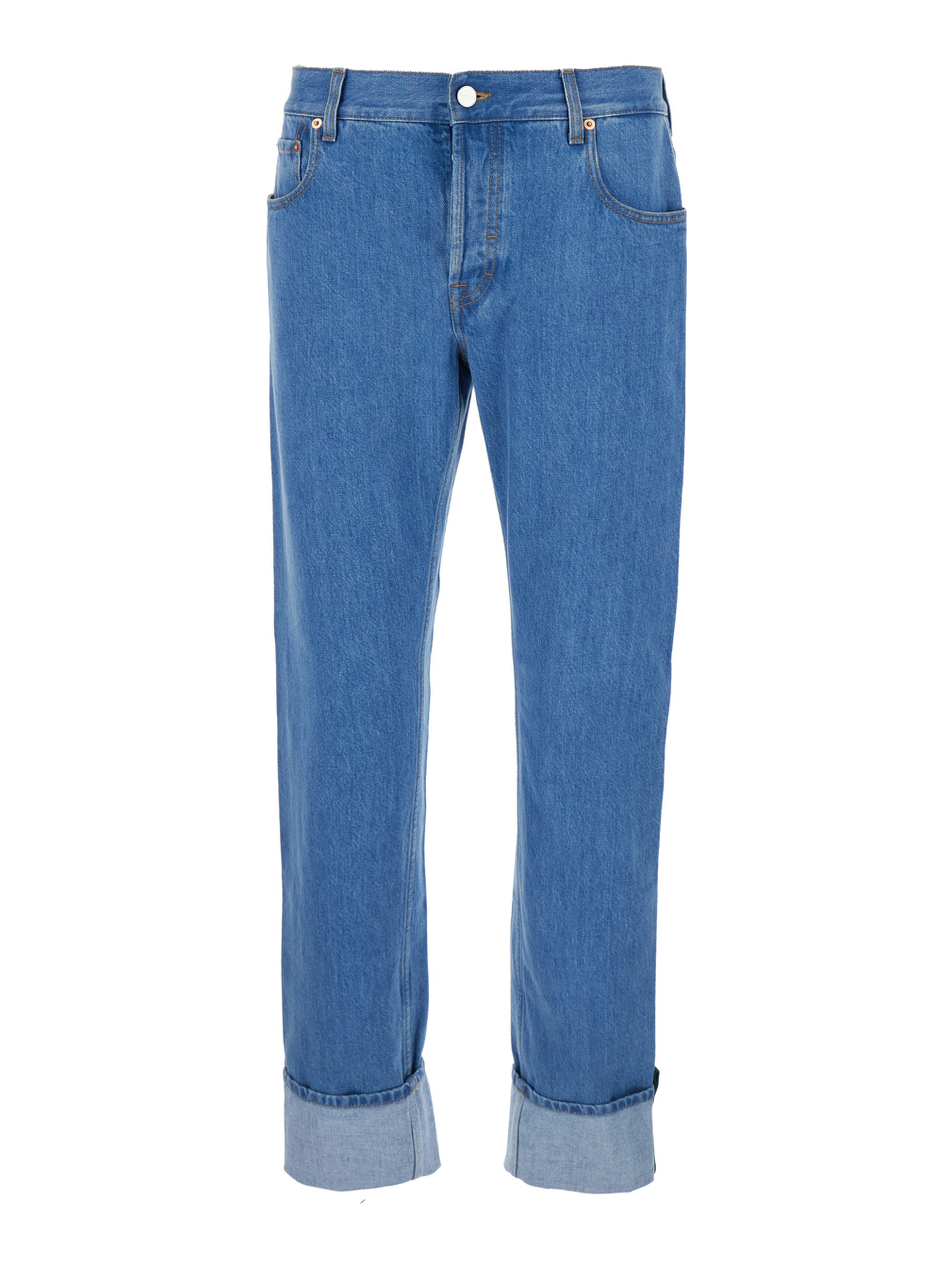 Blue Jeans with Logo Patch on the Rear and Web Turn-Up Hem in Denim Man