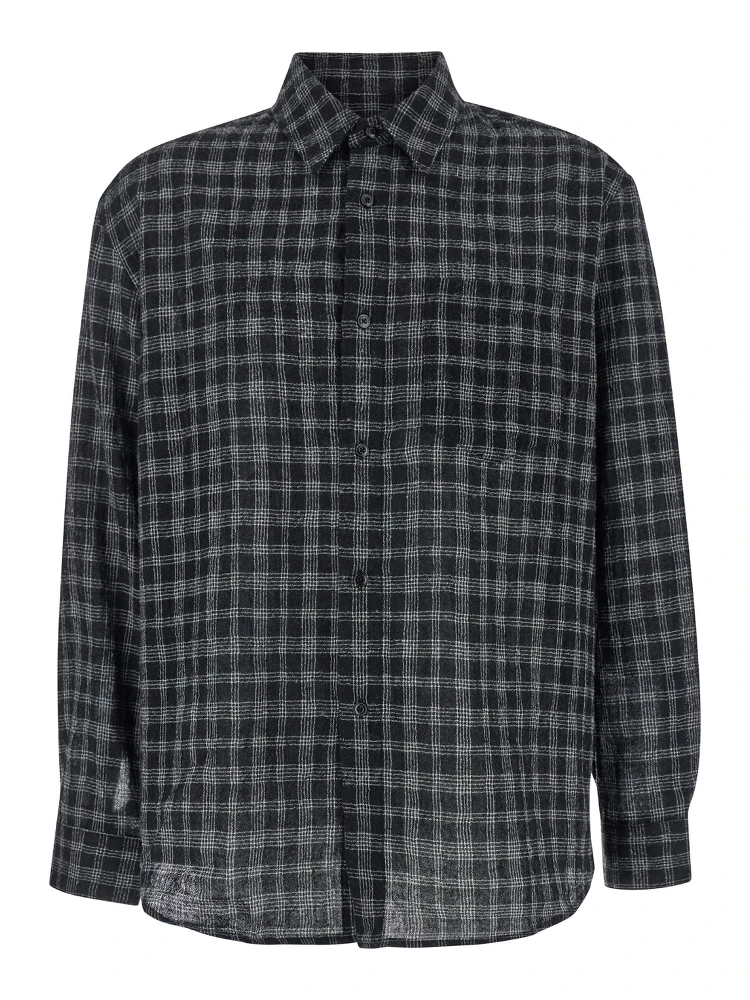 Black Shirt with Check Motif in Wool Blend Man