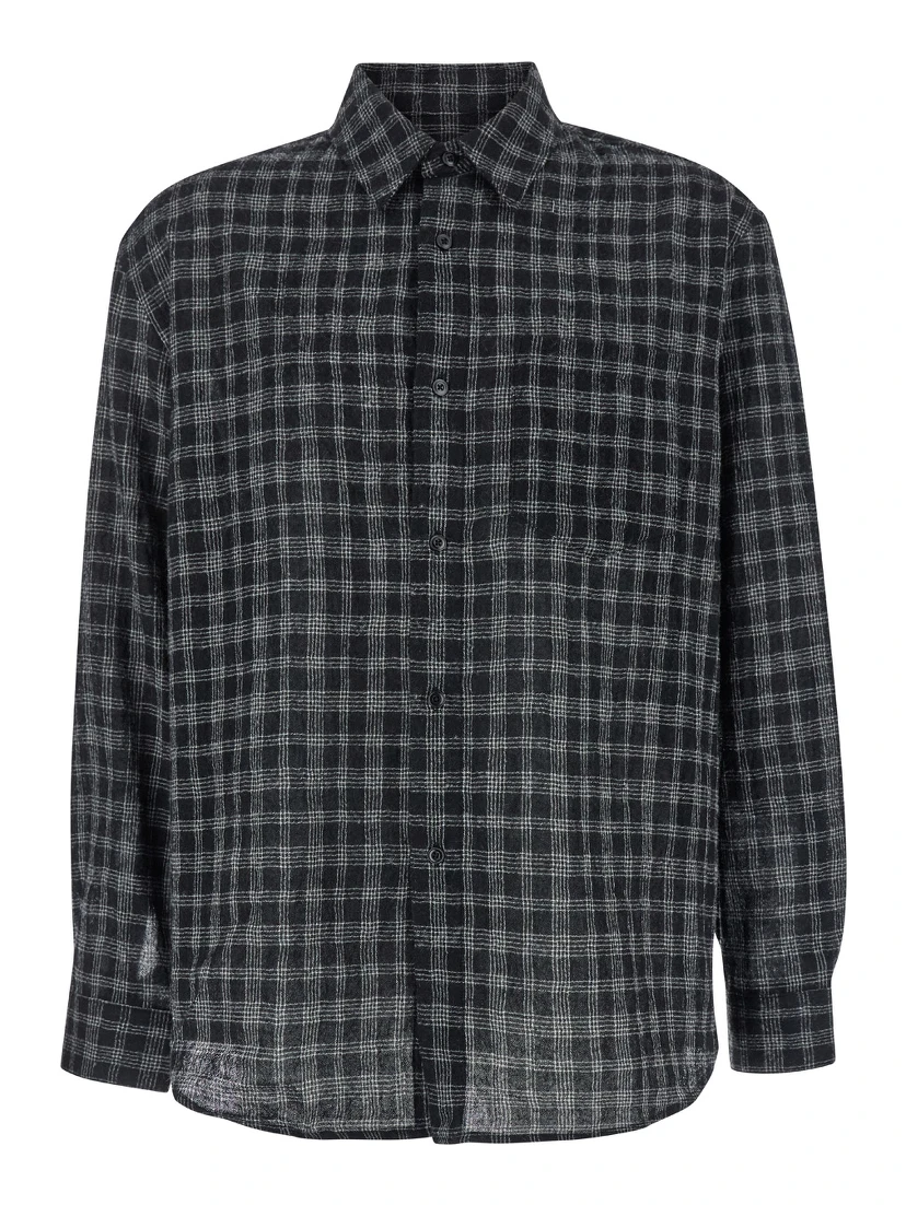 Black Shirt with Check Motif in Wool Blend Man
