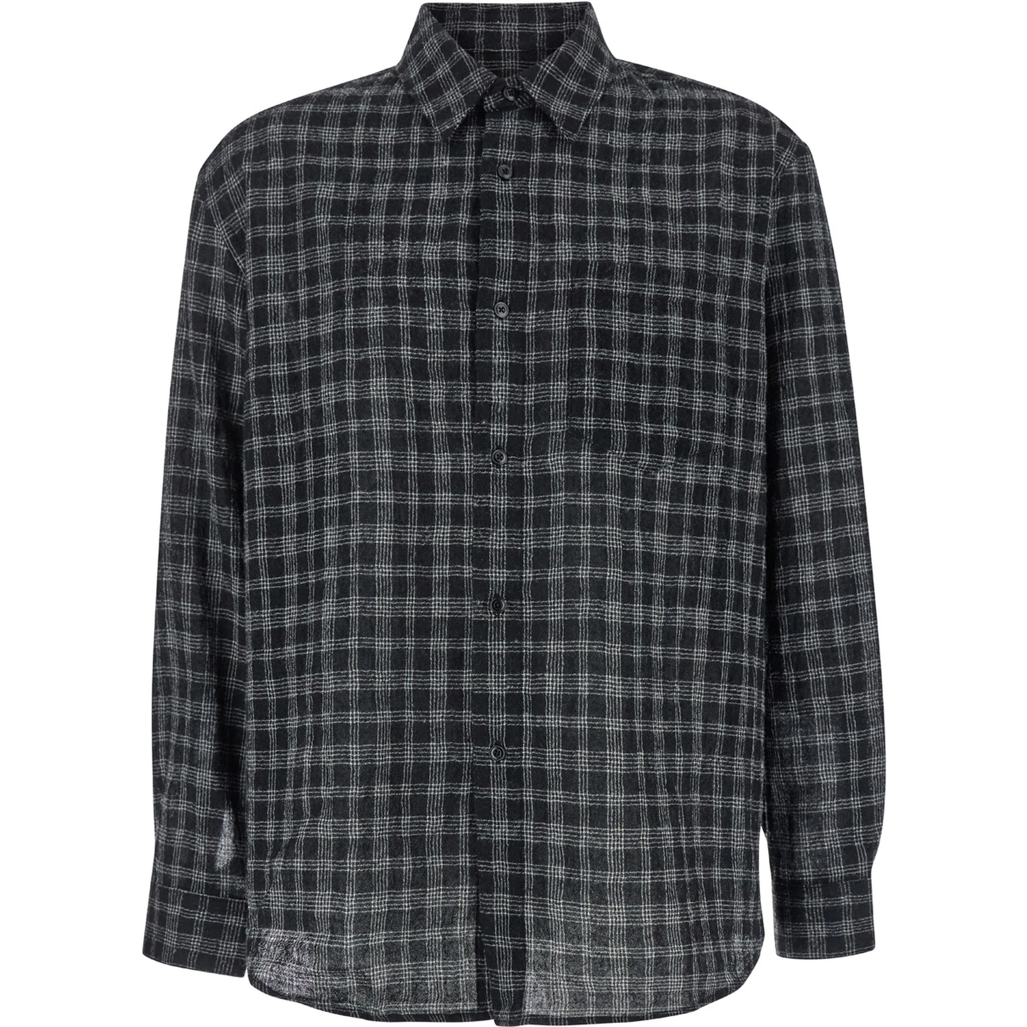 Black Shirt with Check Motif in Wool Blend Man