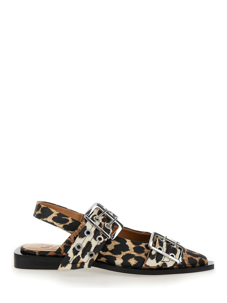 Multicolor Ballet Shoes with Double Buckle and All-Over Leopard Print in Tech Fabric Woman