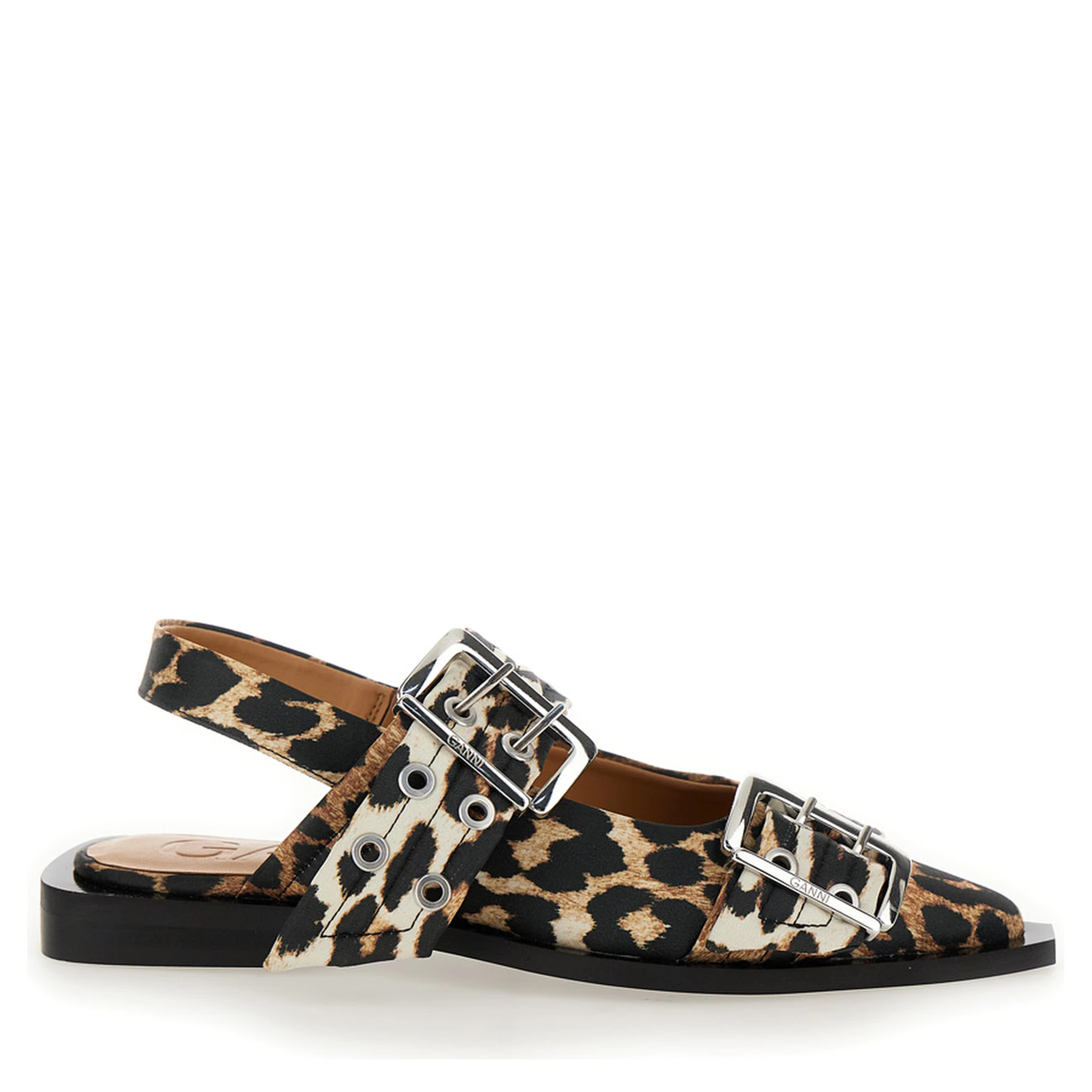 Multicolor Ballet Shoes with Double Buckle and All-Over Leopard Print in Tech Fabric Woman