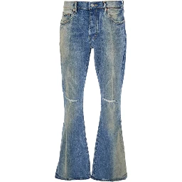 Blue Flared Jeans with Logo Patch on the Rear and Faded Effect in Denim Man