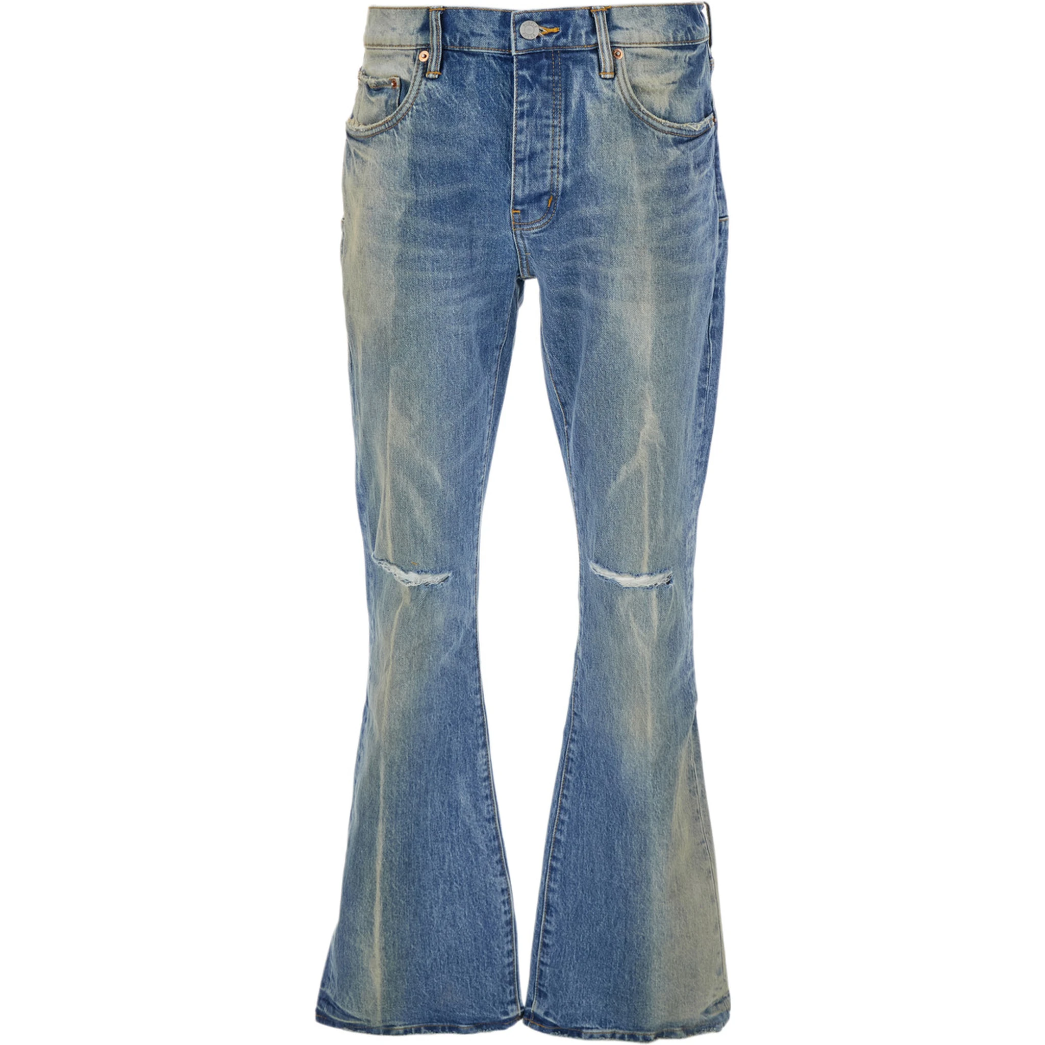 Blue Flared Jeans with Logo Patch on the Rear and Faded Effect in Denim Man
