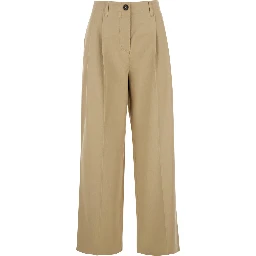 Beige Chino Pants with Cannon Pleats and Wide Leg in Cotton Woman