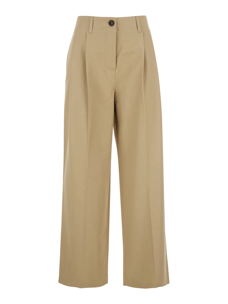 Beige Chino Pants with Cannon Pleats and Wide Leg in Cotton Woman
