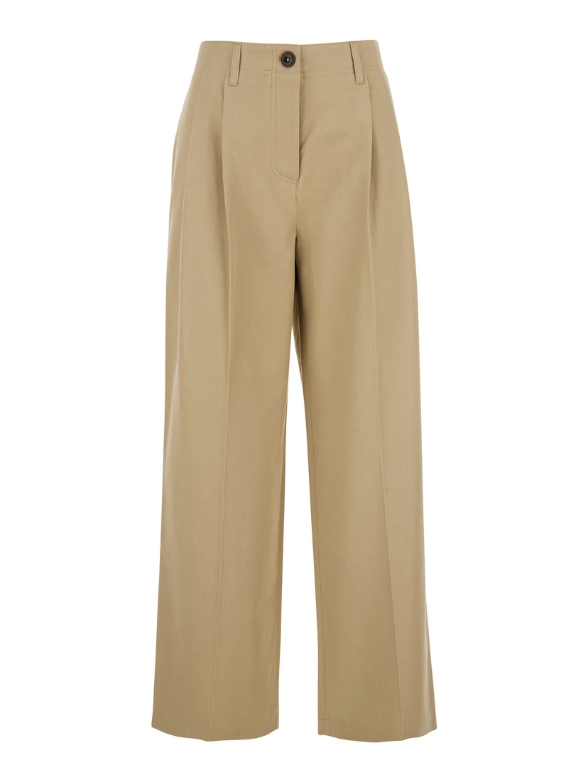Beige Chino Pants with Cannon Pleats and Wide Leg in Cotton Woman
