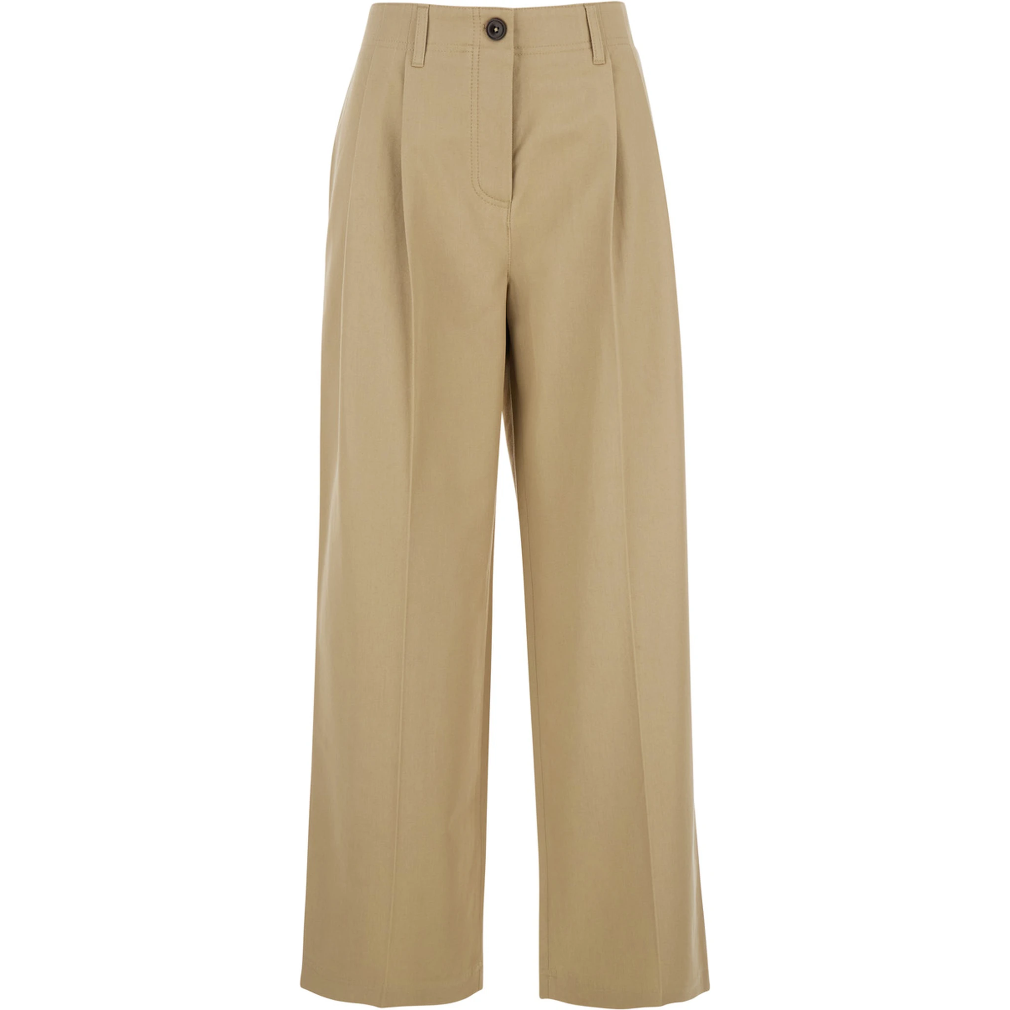 Beige Chino Pants with Cannon Pleats and Wide Leg in Cotton Woman