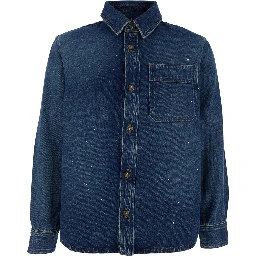 Basile Blue Shirt with Chest Pocket and All-Over Paint Effect in Cotton Man