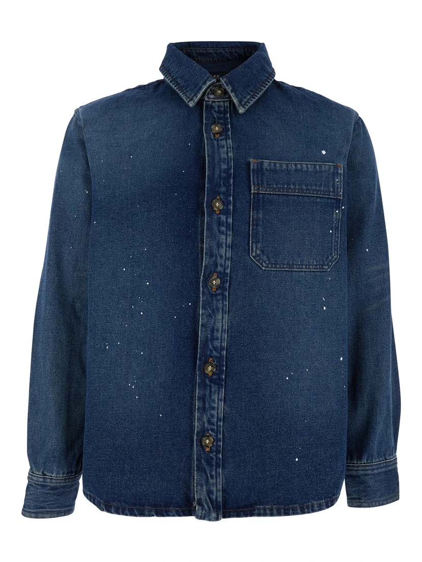 Basile Blue Shirt with Chest Pocket and All-Over Paint Effect in Cotton Man