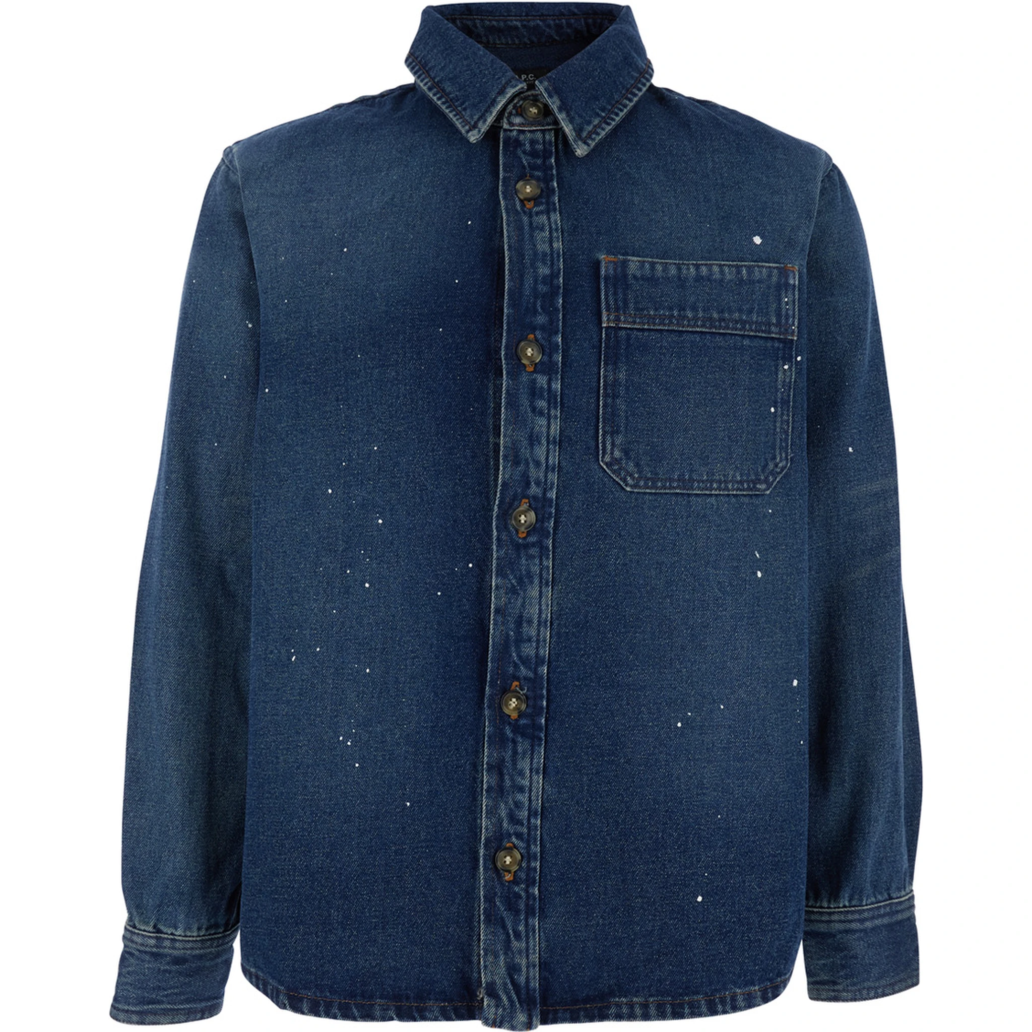 Basile Blue Shirt with Chest Pocket and All-Over Paint Effect in Cotton Man