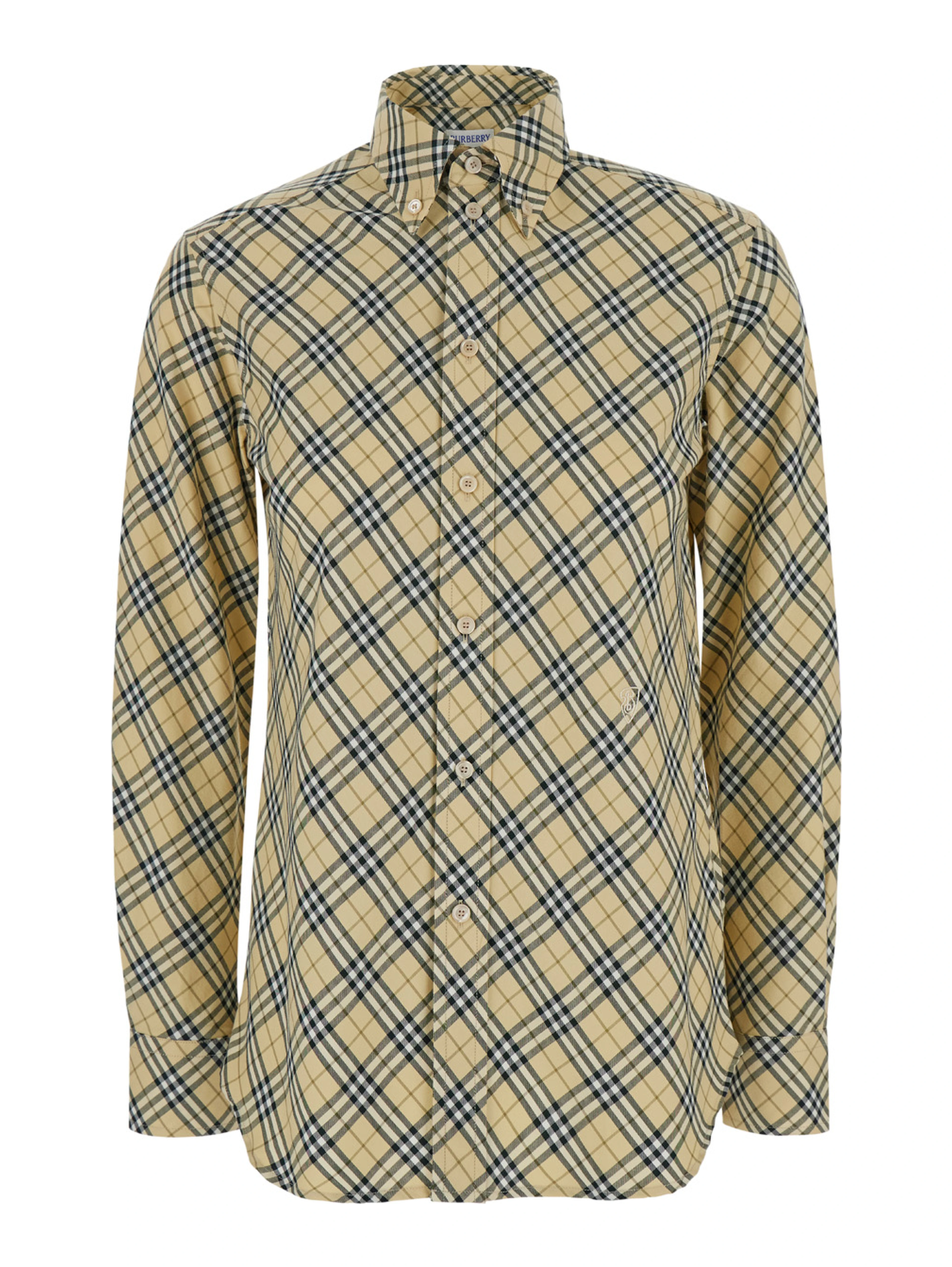 Beige Oversize Shirt with All-Over Check Motiv in Cotton Woman