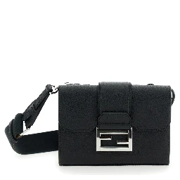 Baguette Double Black Crossbody Bag with FF Plaque on the Front in Hammered Leather Woman
