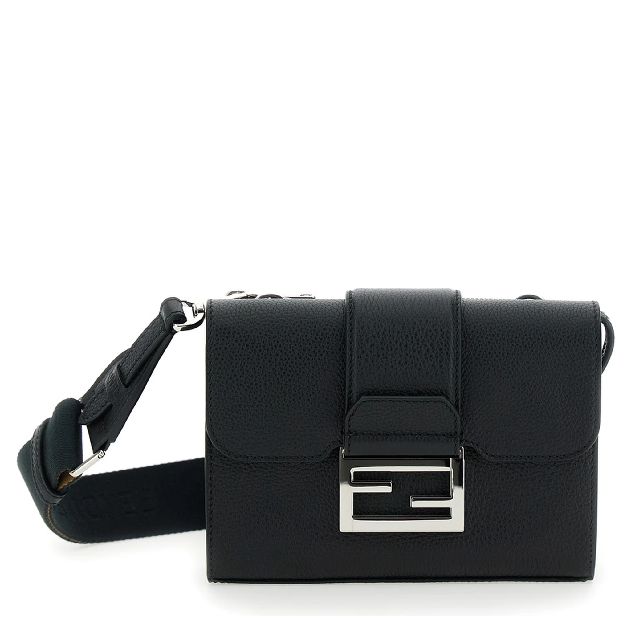 Baguette Double Black Crossbody Bag with FF Plaque on the Front in Hammered Leather Woman