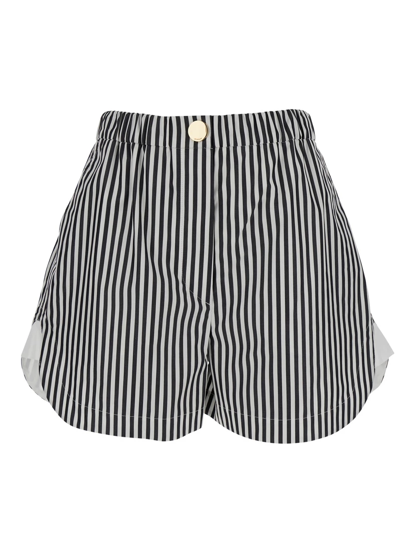 Black and White Shorts with All-Over Vertical Striped Motif in Fabric Woman