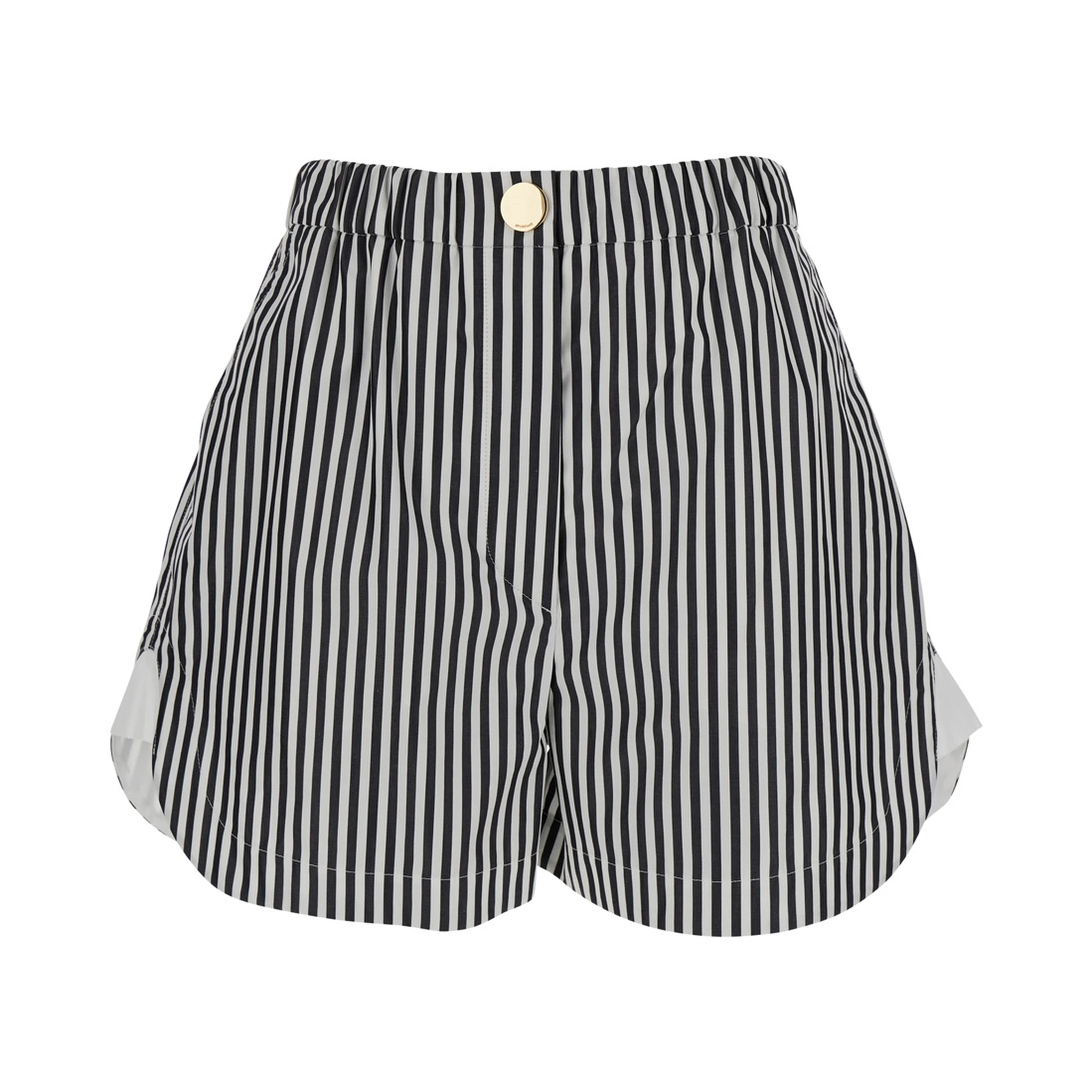 Black and White Shorts with All-Over Vertical Striped Motif in Fabric Woman