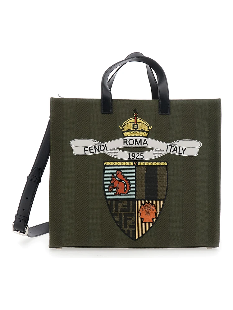 Green Shopper with Vertical Stripes Motif and Fendi Club Patch on the Front in Canvas Man