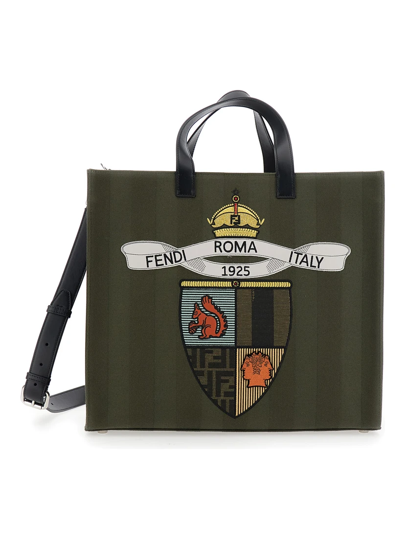 Green Shopper with Vertical Stripes Motif and Fendi Club Patch on the Front in Canvas Man