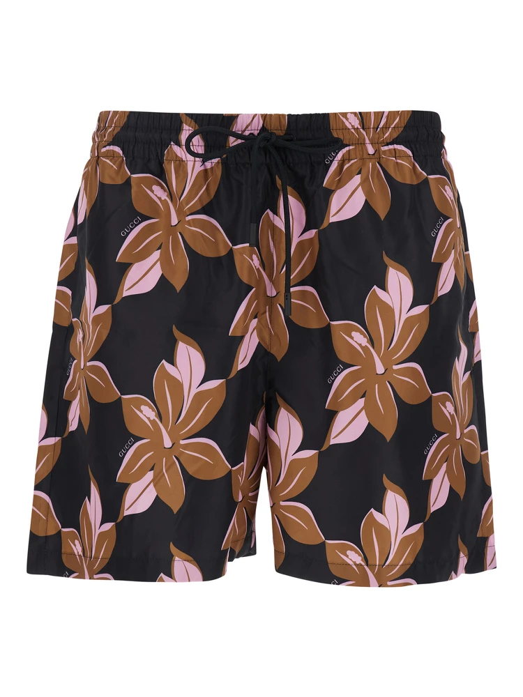 Multicolor Swimsuit with Drawstring and All-Over Floral Print in Tech Fabric Man