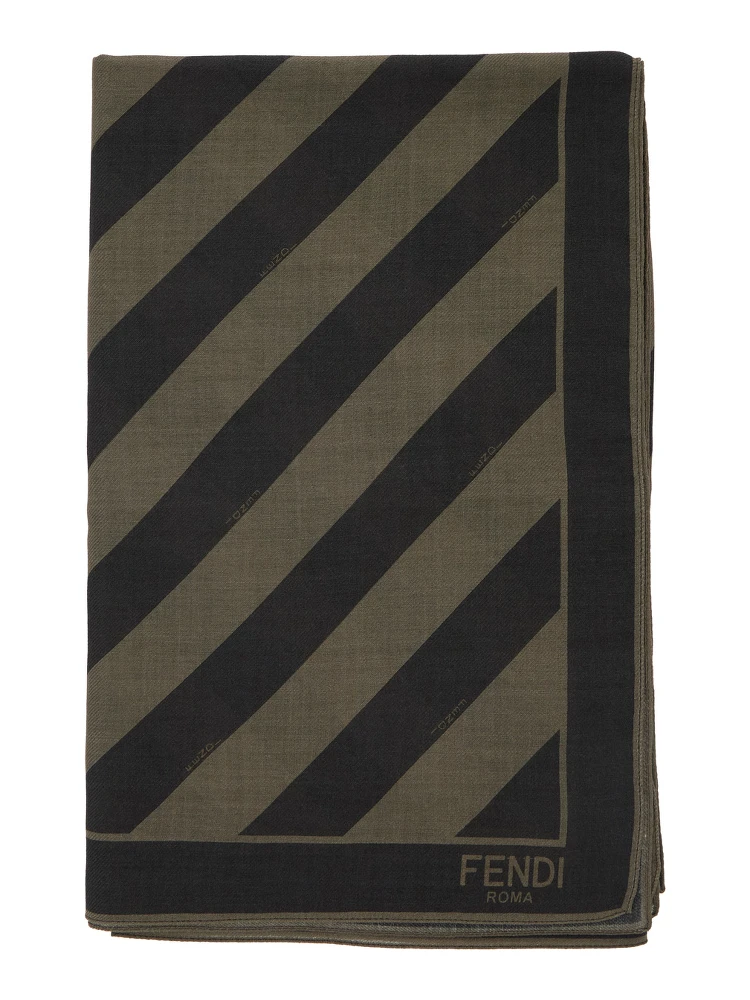 Beige Square Stole with All-Over Striped Motif and Logo Lettering on the Hem in Cotton and Silk Blend Man