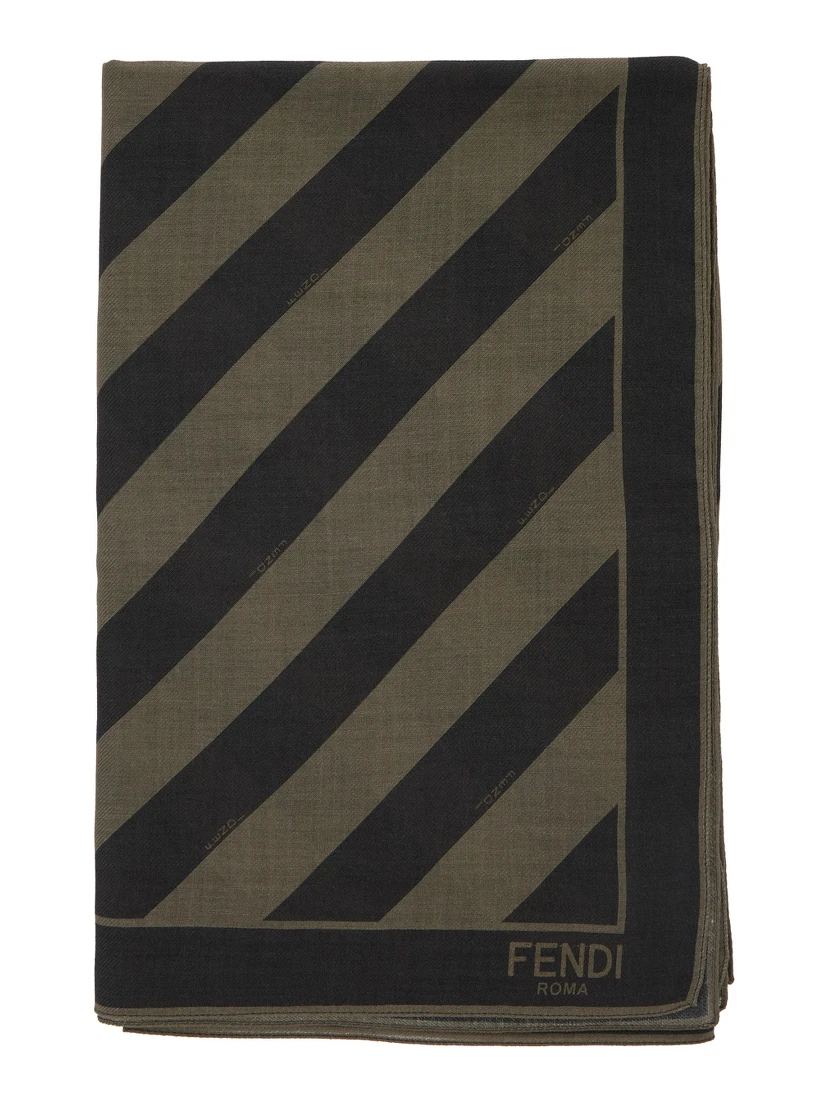 Beige Square Stole with All-Over Striped Motif and Logo Lettering on the Hem in Cotton and Silk Blend Man