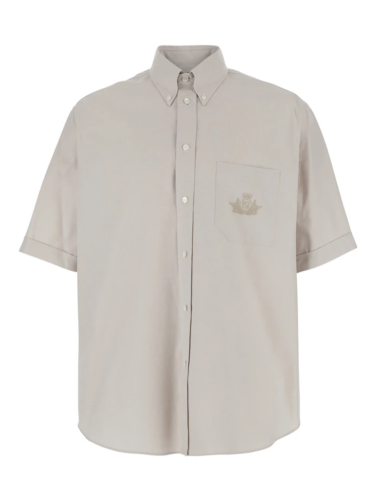 Beige Shirt with Button-Down Collar and Logo Embroidery on the Front in Cotton Man