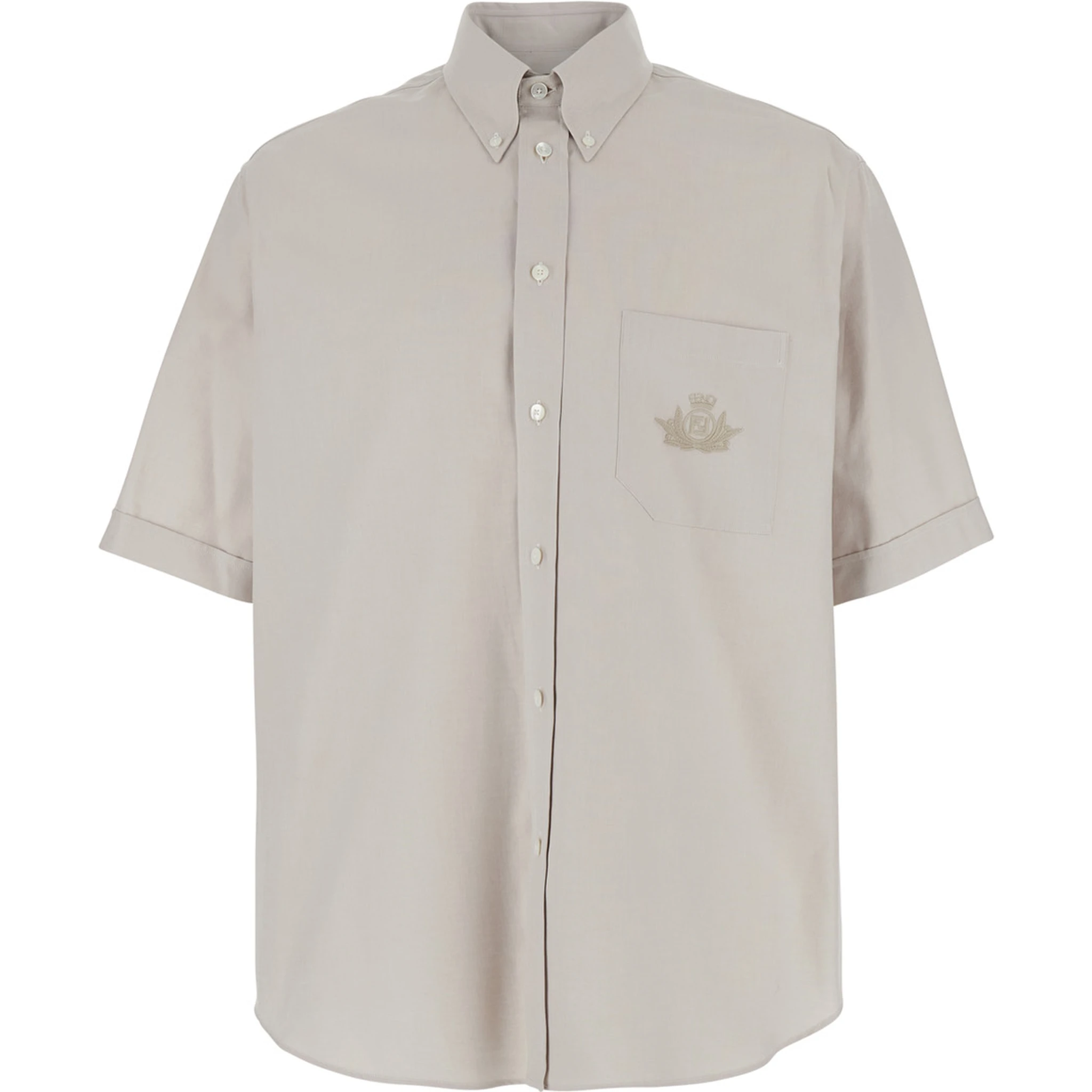 Beige Shirt with Button-Down Collar and Logo Embroidery on the Front in Cotton Man
