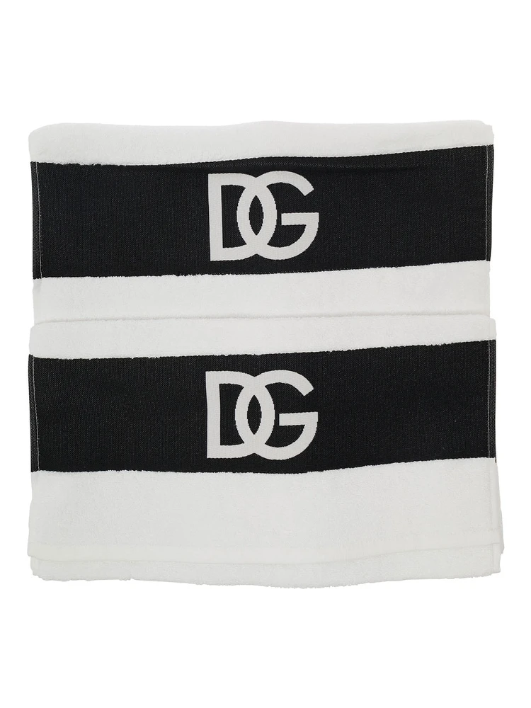 White Set of Five Towels with DG Logo in Terry Cotton alternative