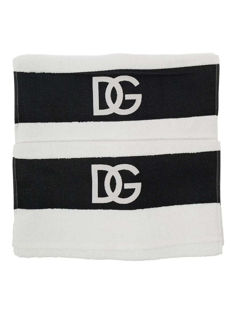 White Set of Five Towels with DG Logo in Terry Cotton