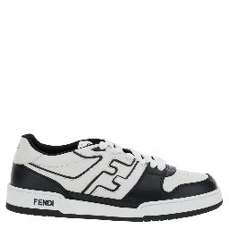 حذاء رياضي أبيض وأسود منخفض الرقبة بتفاصيل FF من الجلد للرجال