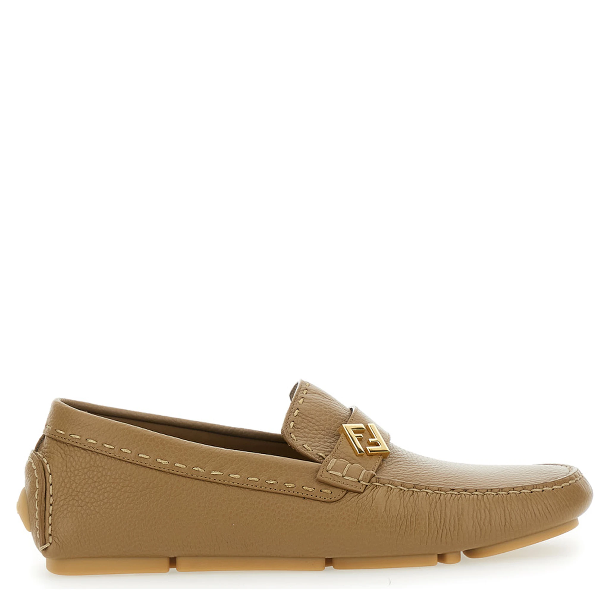 Driver Beige Loafers with Rubber Injected Sole and Metallic FF Plate in Hammered Leather Man