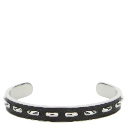 Silver-Colored Bracelet with Leather Details and Open Design in Brass Man