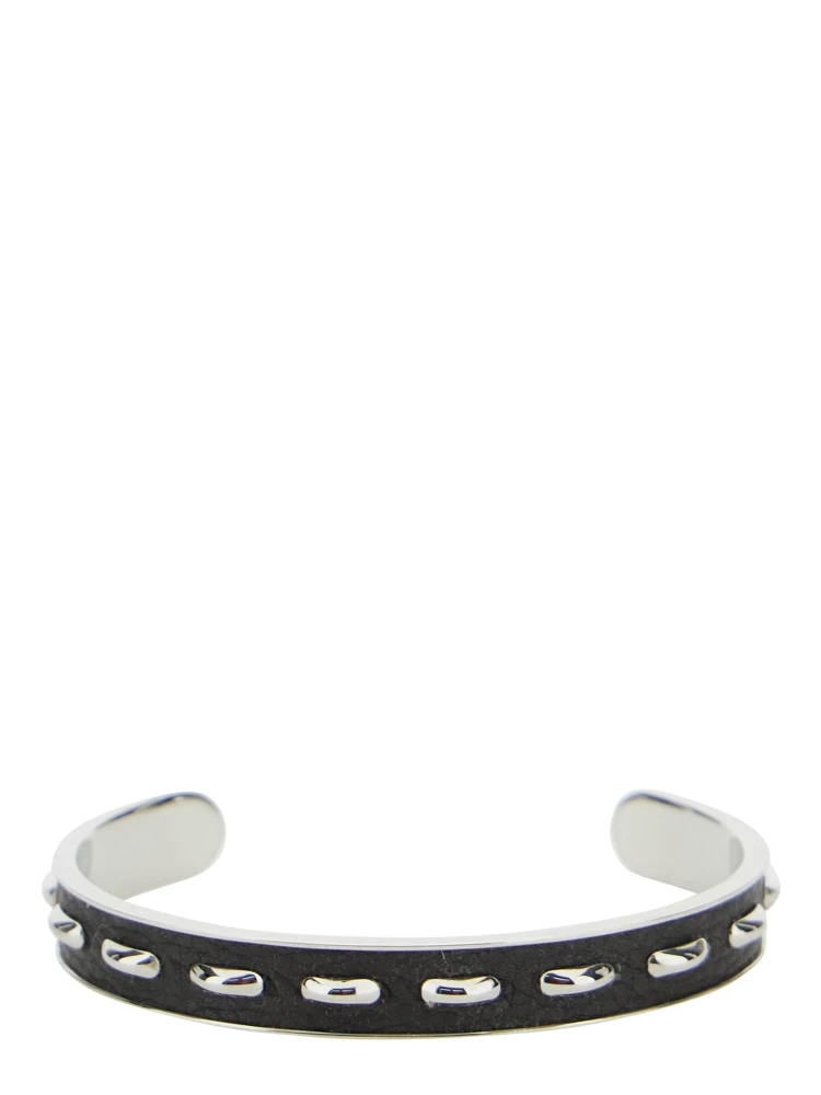 Silver-Colored Bracelet with Leather Details and Open Design in Brass Man