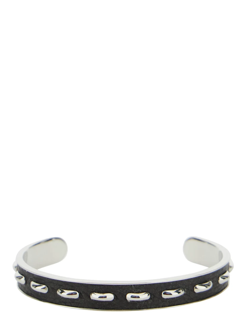 Silver-Colored Bracelet with Leather Details and Open Design in Brass Man