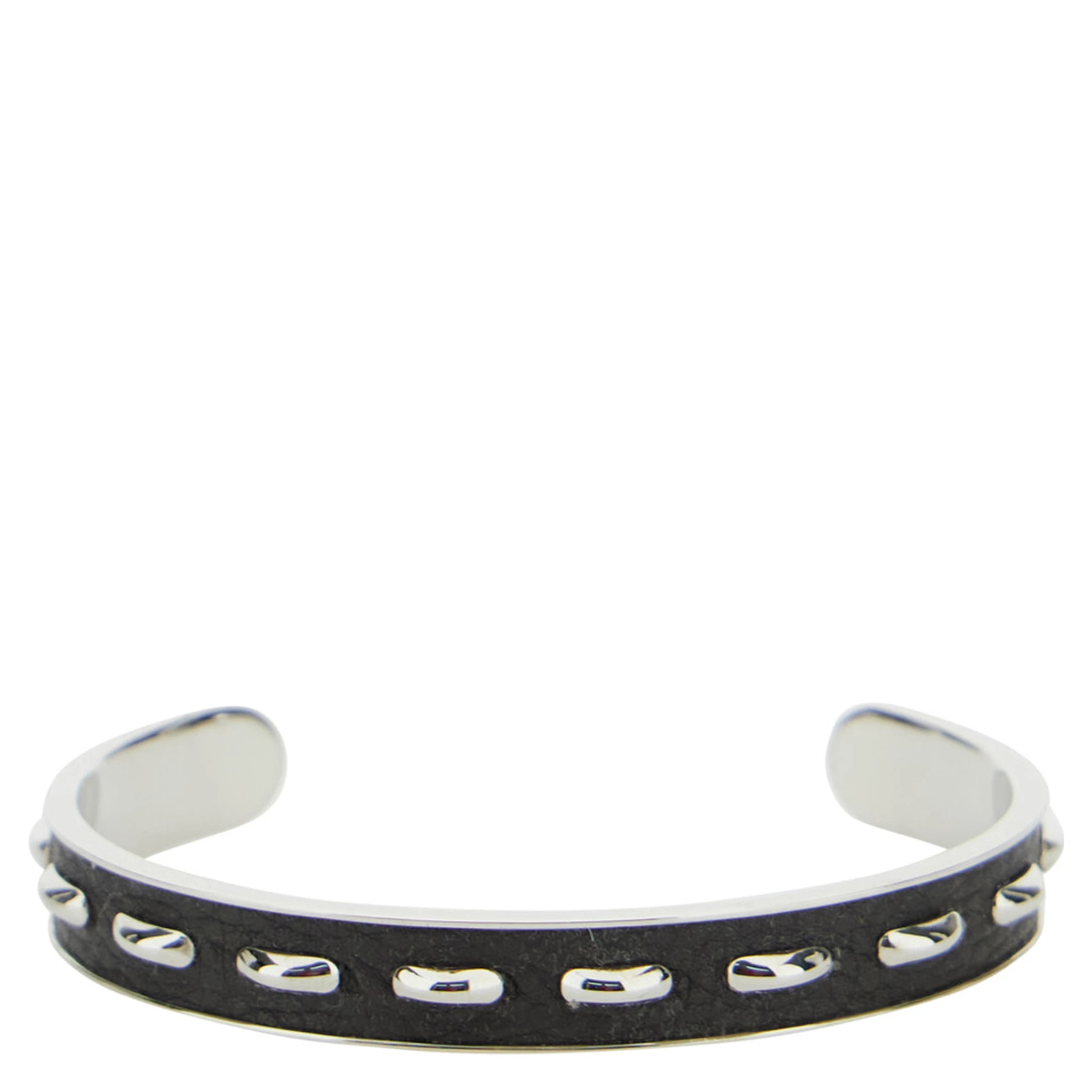 Silver-Colored Bracelet with Leather Details and Open Design in Brass Man