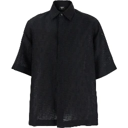 Black Oversize Shirt with Short Wide Sleeves and All-Over FF Embroidery in Linen Blend Man