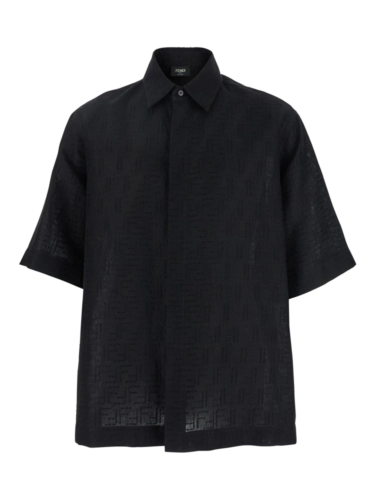 Black Oversize Shirt with Short Wide Sleeves and All-Over FF Embroidery in Linen Blend Man