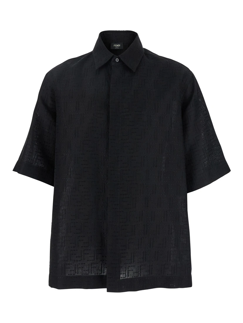 Black Oversize Shirt with Short Wide Sleeves and All-Over FF Embroidery in Linen Blend Man