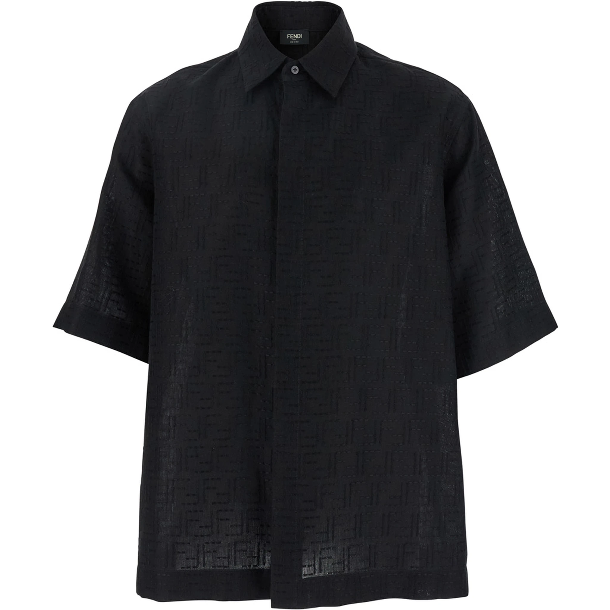 Black Oversize Shirt with Short Wide Sleeves and All-Over FF Embroidery in Linen Blend Man