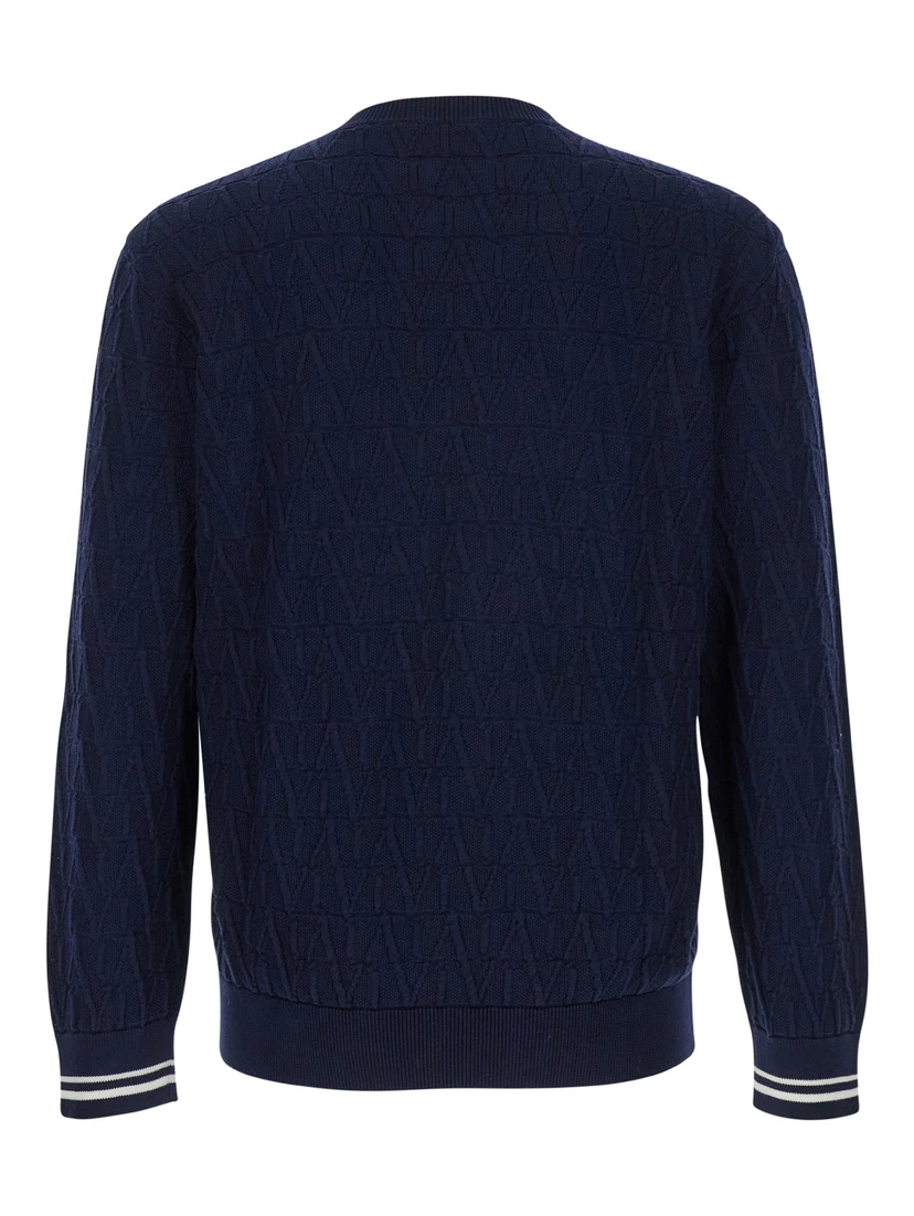 Blue Crewneck Sweater in Jacquard Toile Iconographique Man